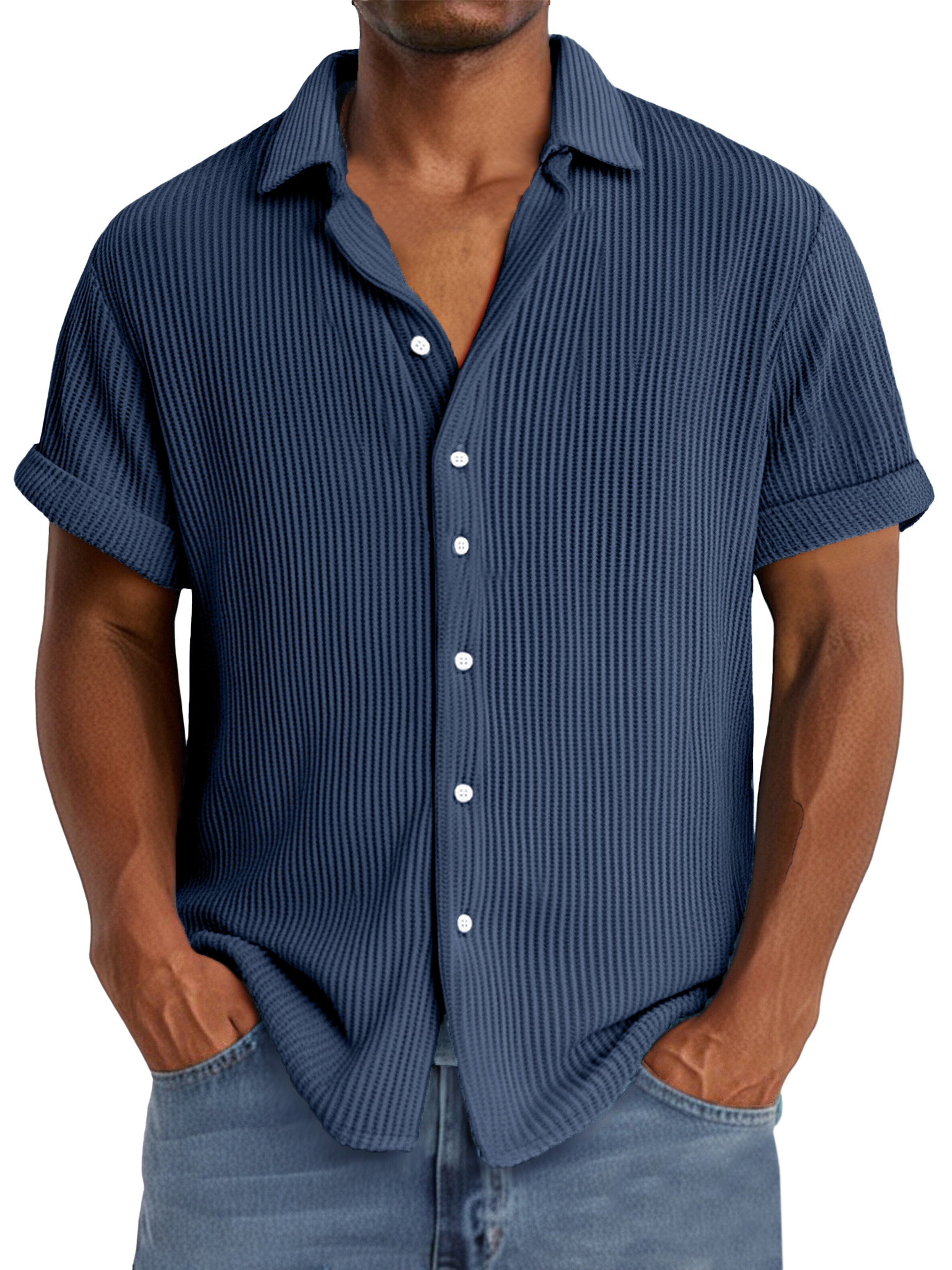 Men's summer casual simple waffle texture short-sleeved shirt
