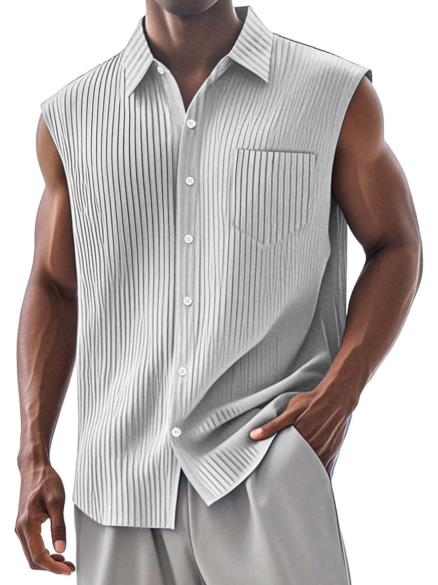 Men's Simple Daily Pit Strip Chest Pocket Lapel Sleeveless Shirt