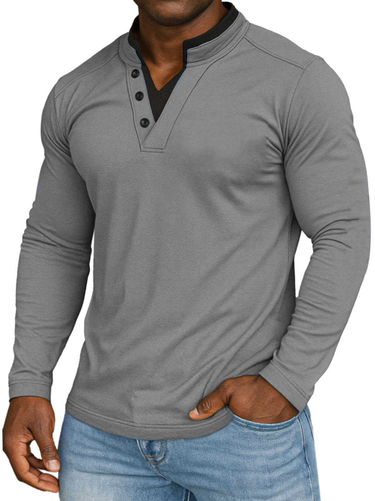 Men's Casual Solid Color Fake Two-piece Collar Comfortable Stand Collar Long Sleeve T-shirt