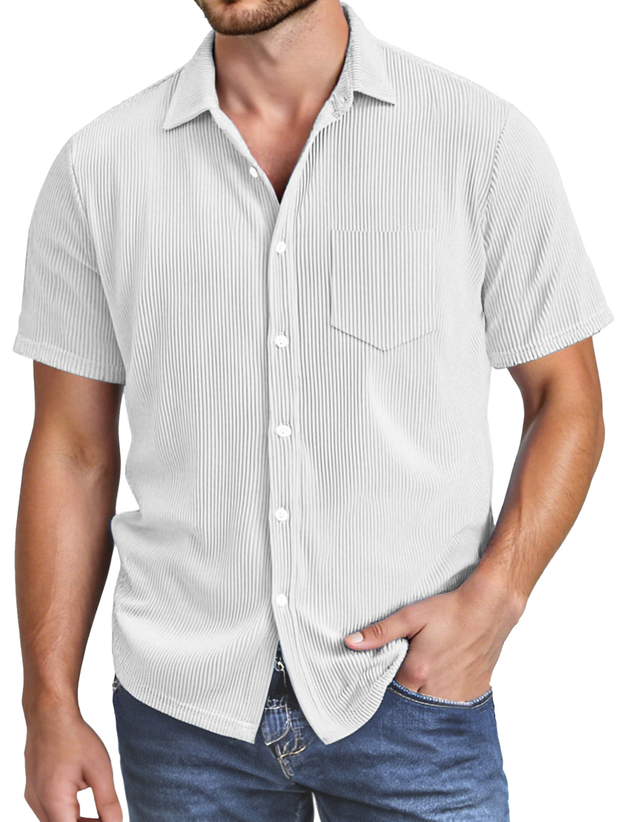 Men's Simple Solid Color Vertical Pit Texture Button Lapel Short-sleeved Shirt