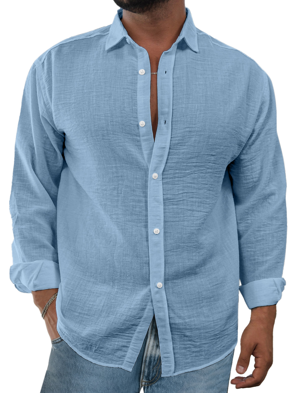 Men's Simple And Comfortable Solid Color Imitation Linen Lapel Long-sleeved Shirt