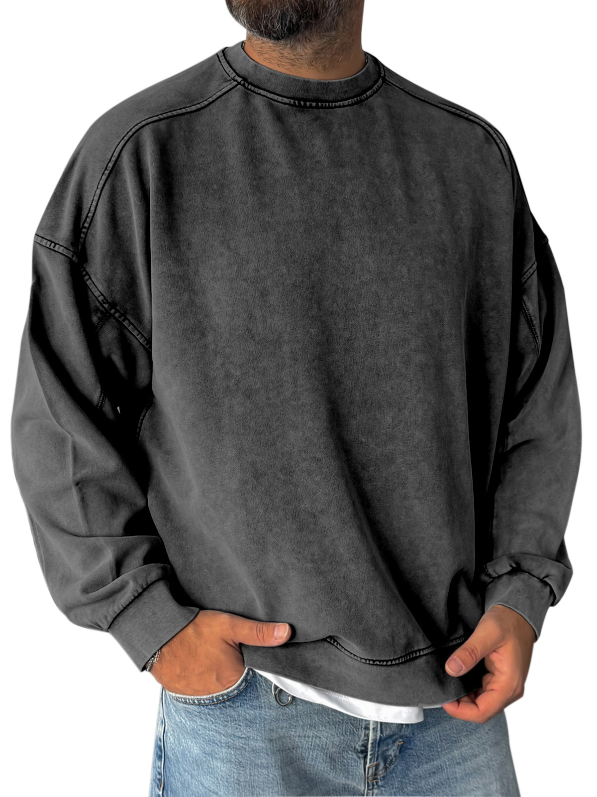 Retro Simple Shoulder Design Stitching Casual Round Neck Sweatshirt