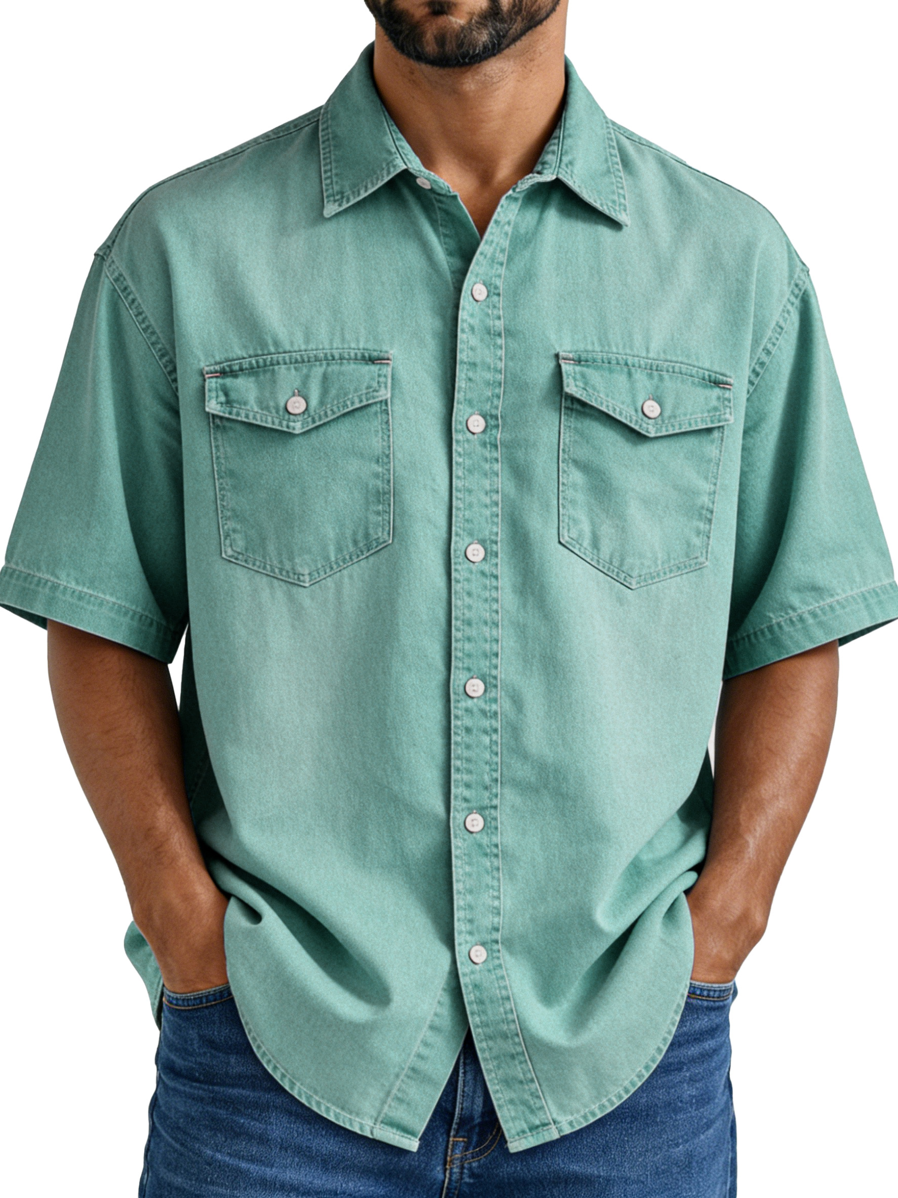 Men's Simple Vintage Double-pocket Lapel Button-down Short-sleeved Shirt