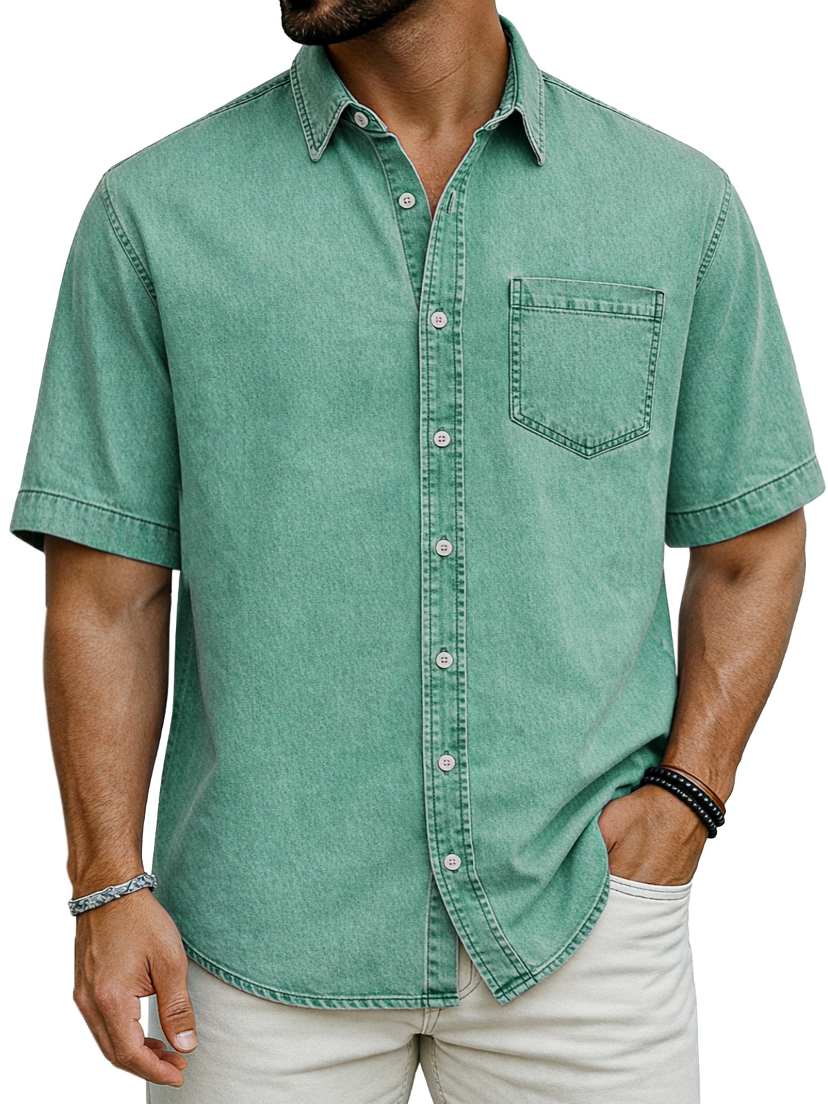 Retro Simple Solid Color Short-Sleeve Shirt with Chest Pocket