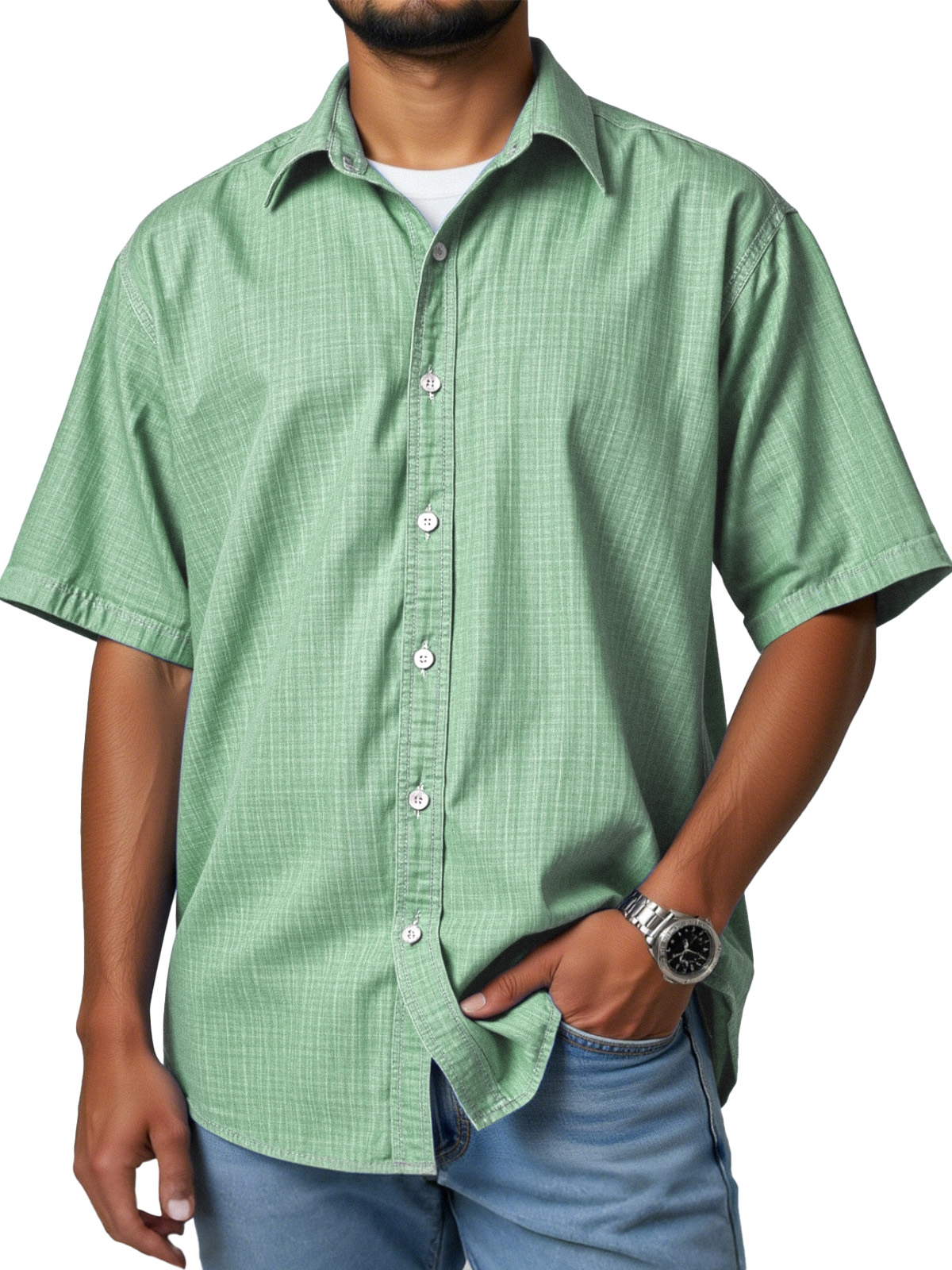 Men's casual and versatile imitation linen short-sleeved lapel shirt