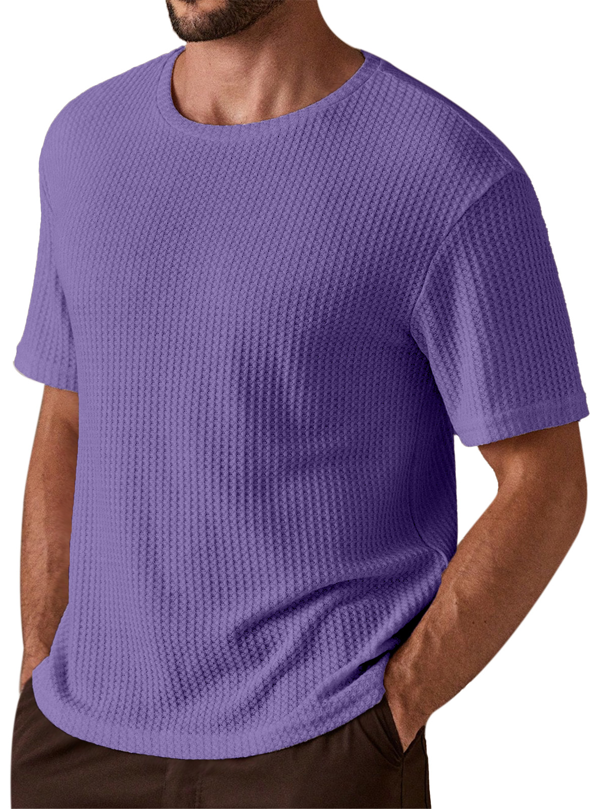 Men's Simple And Comfortable Solid Color Waffle Texture Round Neck Short-sleeved T-shirt