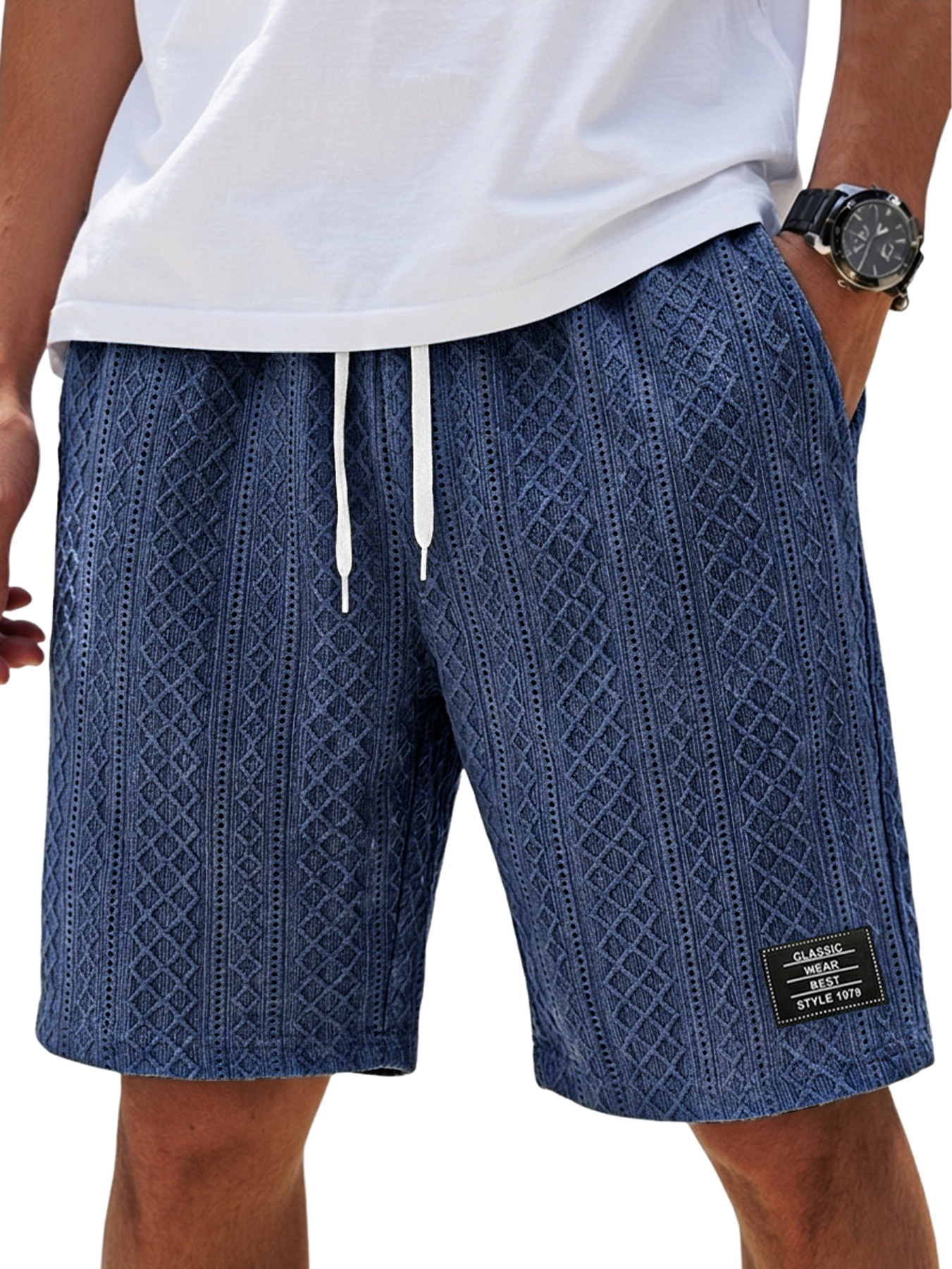 Men's Fashion Textured Embroidered Logo Elastic Waist Casual Shorts