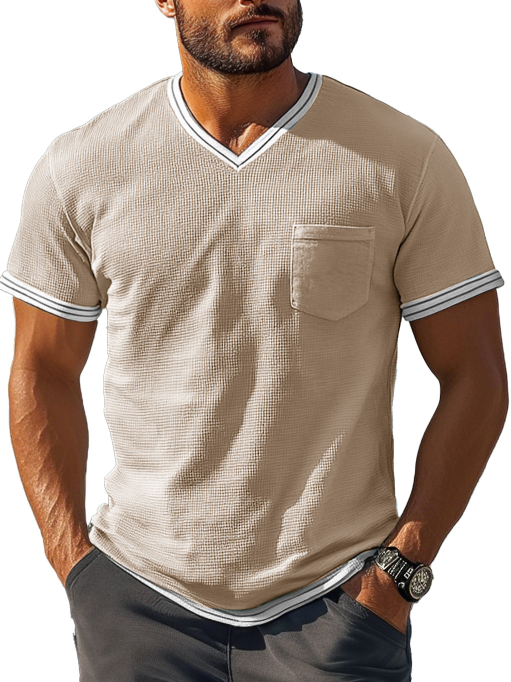 Men's Fashion Retro Patchwork Textured Fabric V-neck Short-sleeved T-shirt