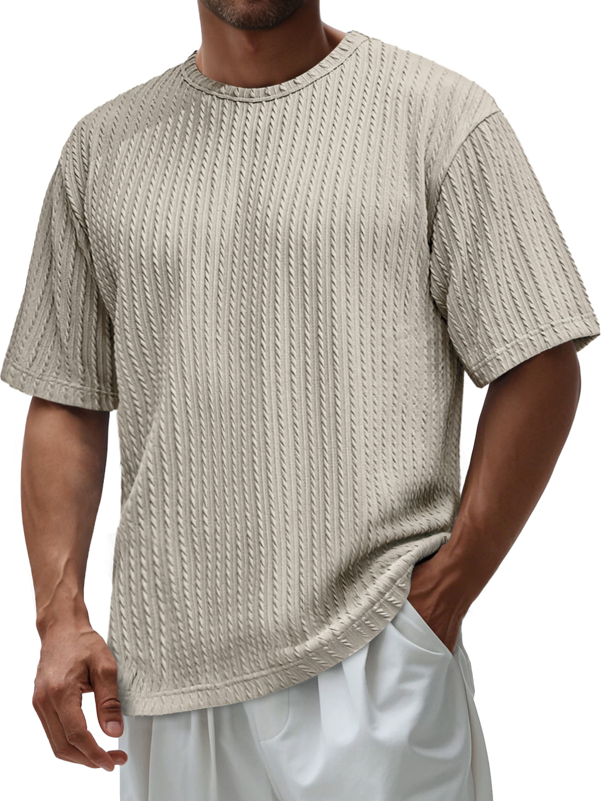 Men's Daily Round Neck Jacquard Texture Casual Solid Color Short-sleeved T-shirt