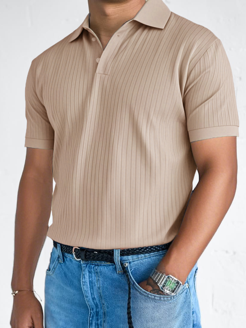 Men's Fashion Casual Retro Ribbed Fabric Short-sleeved Lapel Polo Shirt