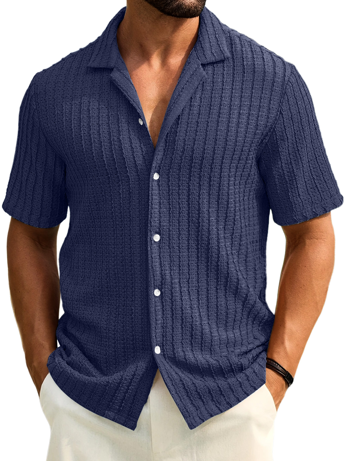 Men's Daily Casual Texture Lapel Comfortable Short-sleeved Shirt