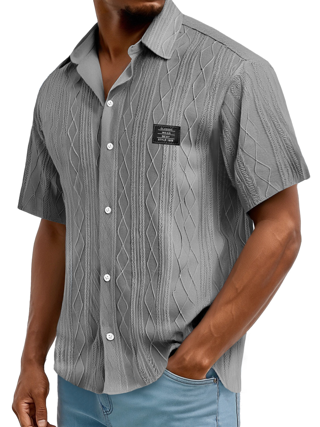 Men's Daily Casual Texture Embroidered Logo Solid Color Comfortable Short-sleeved Shirt