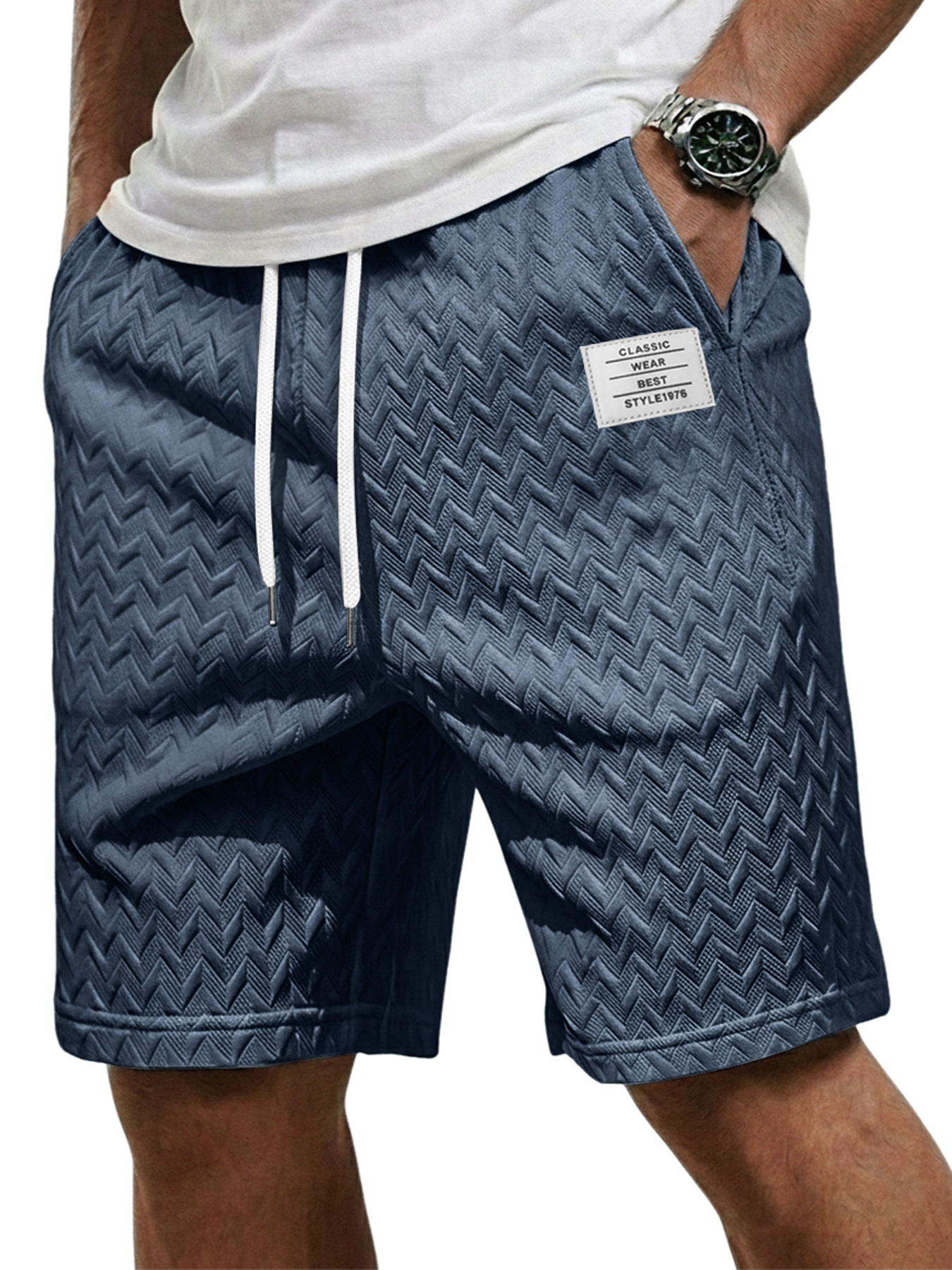 Men's Casual Jacquard Textured Embroidered Logo Elastic Waist Shorts