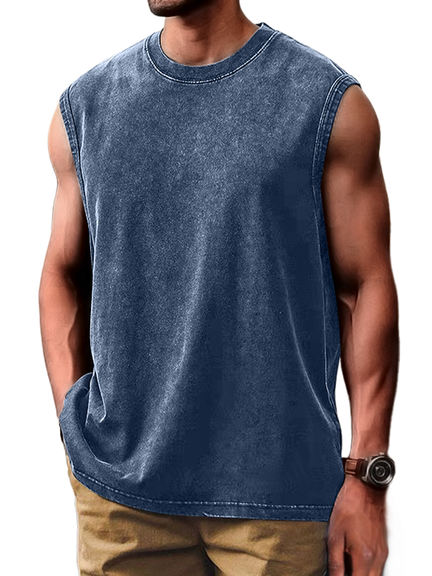Men's Retro Distressed Fashion Round Neck Casual Solid Color Sleeveless Vest