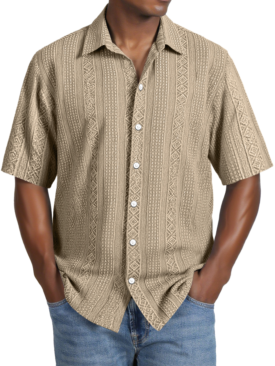 Men's Daily Casual Jacquard Texture Lapel Comfortable Short-sleeved Shirt