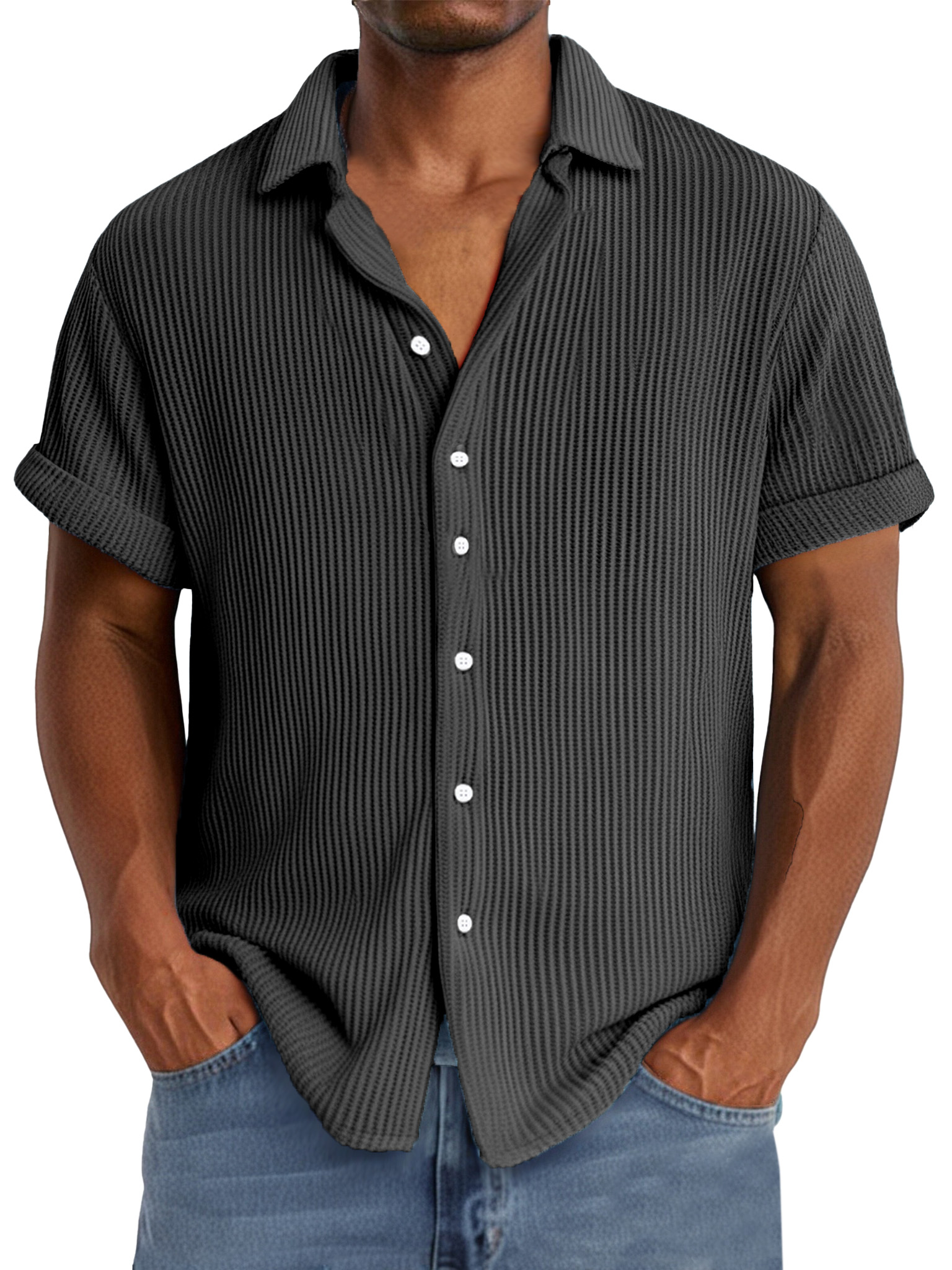 Men's summer casual simple waffle texture short-sleeved shirt