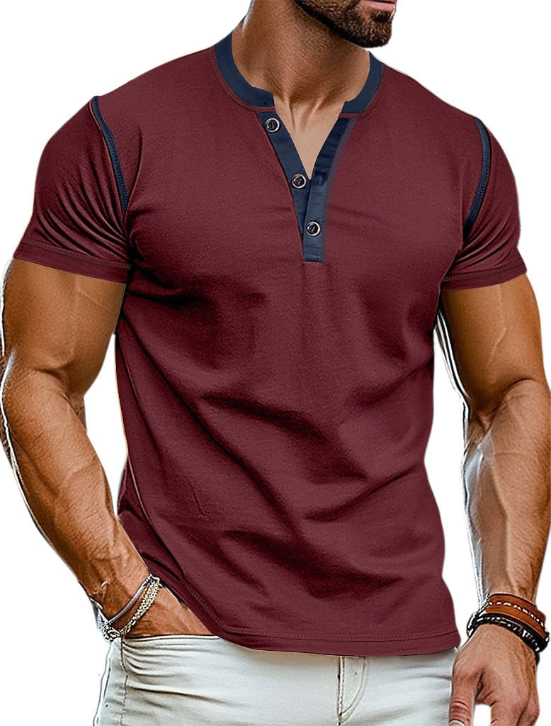 Men's Everyday Simple And Comfortable Cotton Contrast Button Short-sleeved Henley Shirt