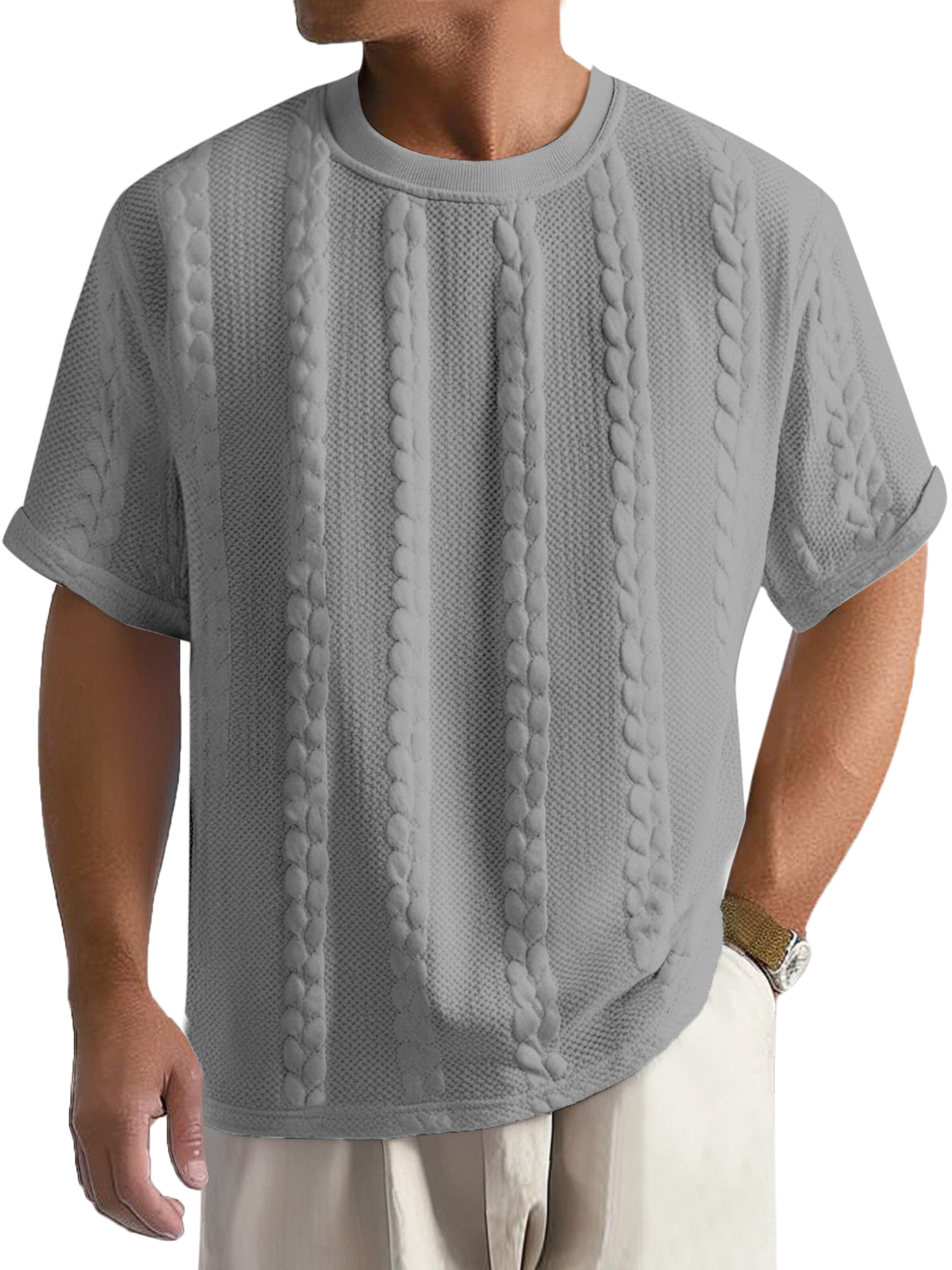 Men's Casual Solid Color Texture Loose Round Neck Short-sleeved T-shirt