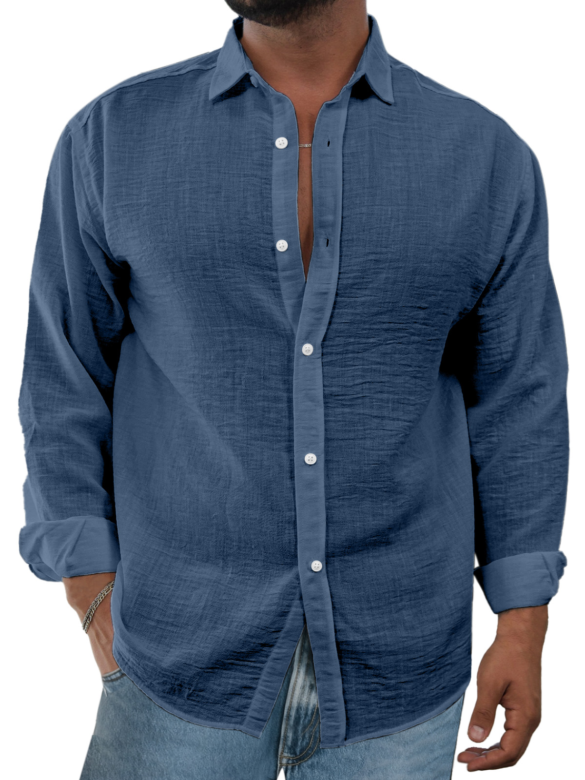 Men's Simple And Comfortable Solid Color Imitation Linen Lapel Long-sleeved Shirt