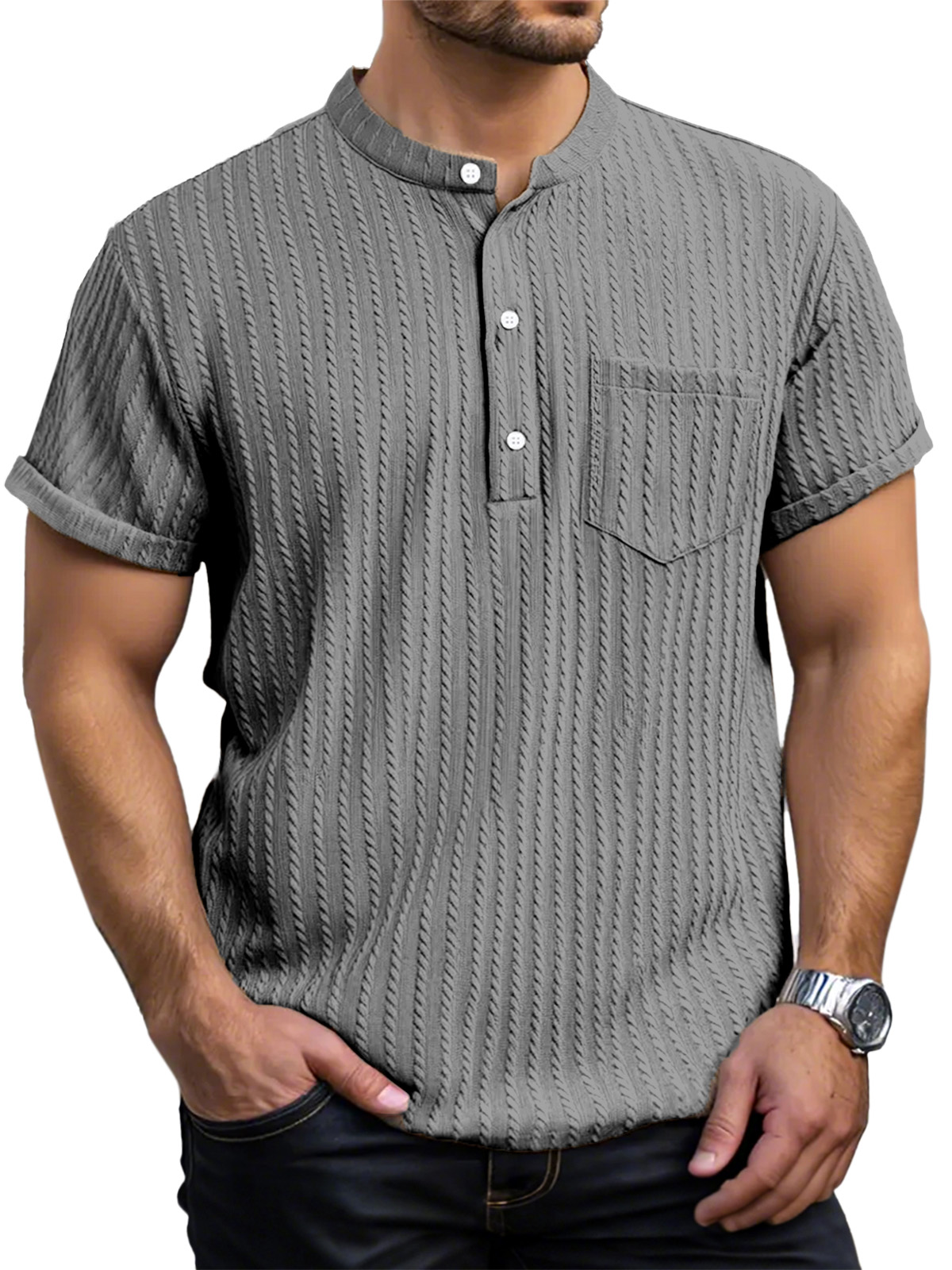 Men's Everyday Casual Short Sleeve Textured Button Henley Shirt