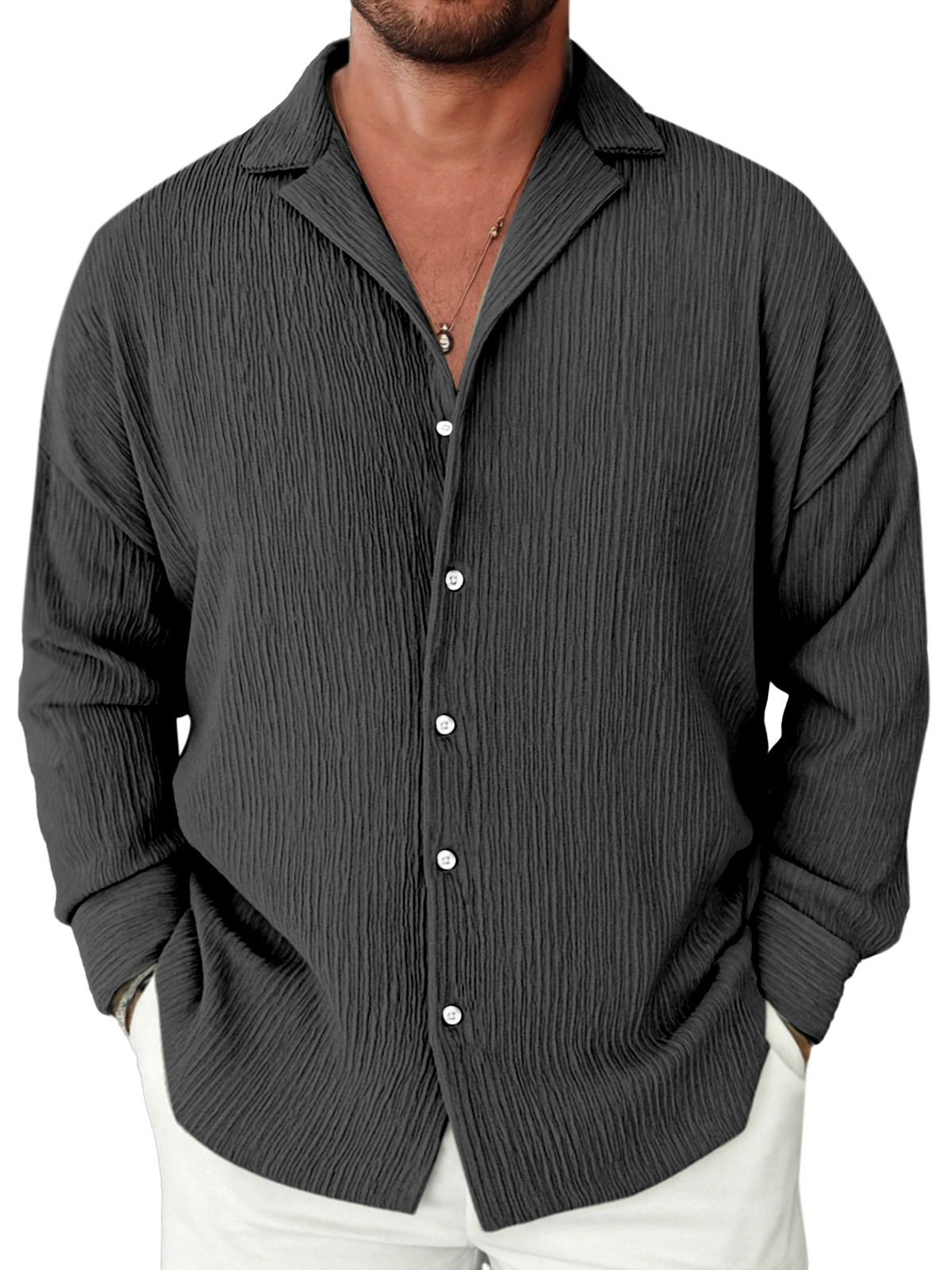 Men's Casual Solid Color Textured Loose Lapel Long-sleeved Shirt