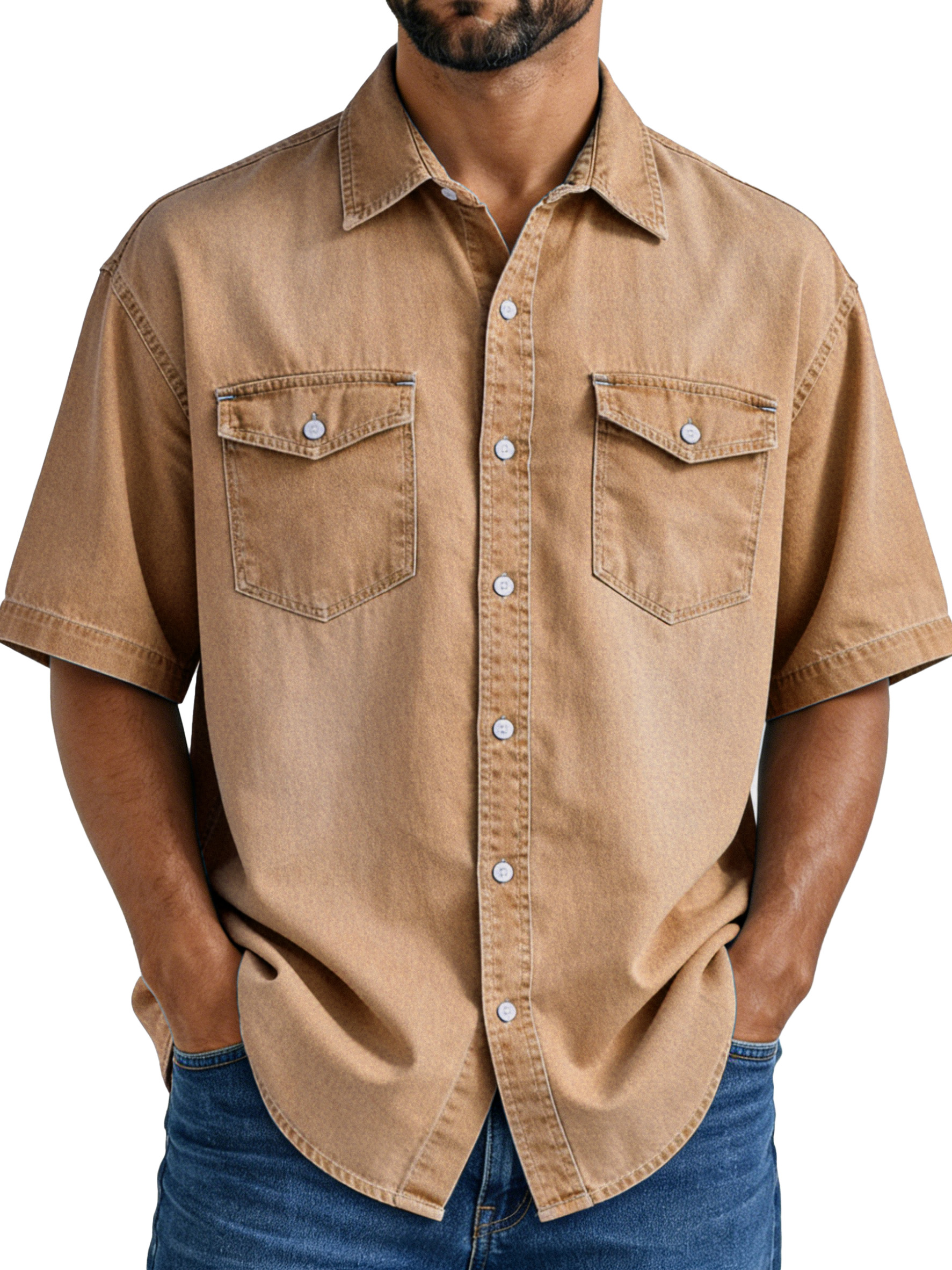 Men's Simple Vintage Double-pocket Lapel Button-down Short-sleeved Shirt