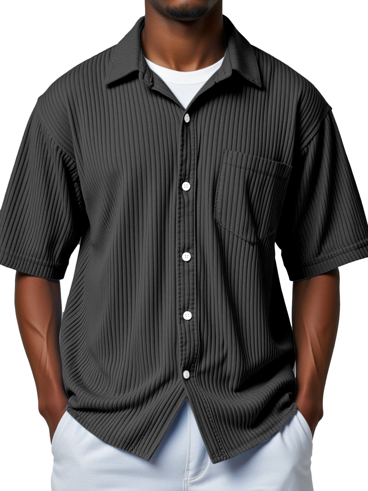 Men's everyday simple vertical stripe short-sleeved shirt
