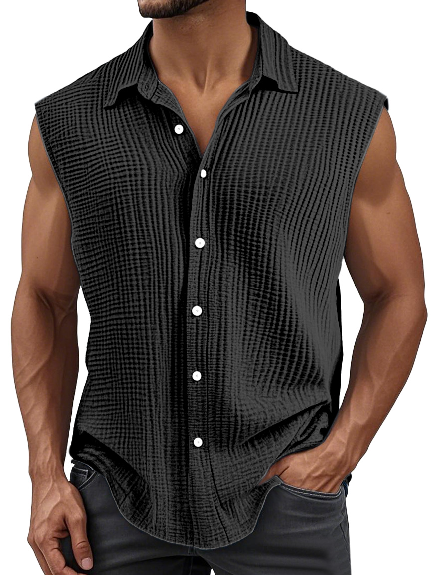Men's Simple Solid Color Pleated Lapel Sleeveless Shirt