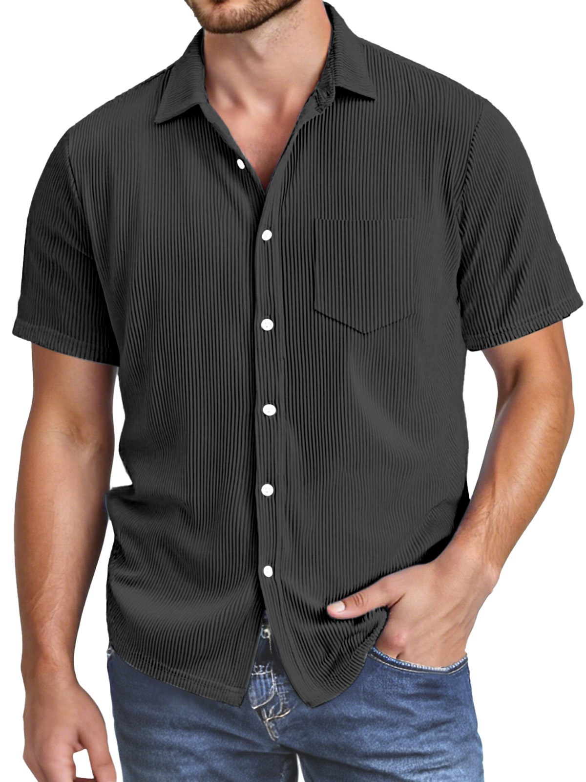 Men's Simple Solid Color Vertical Pit Texture Button Lapel Short-sleeved Shirt