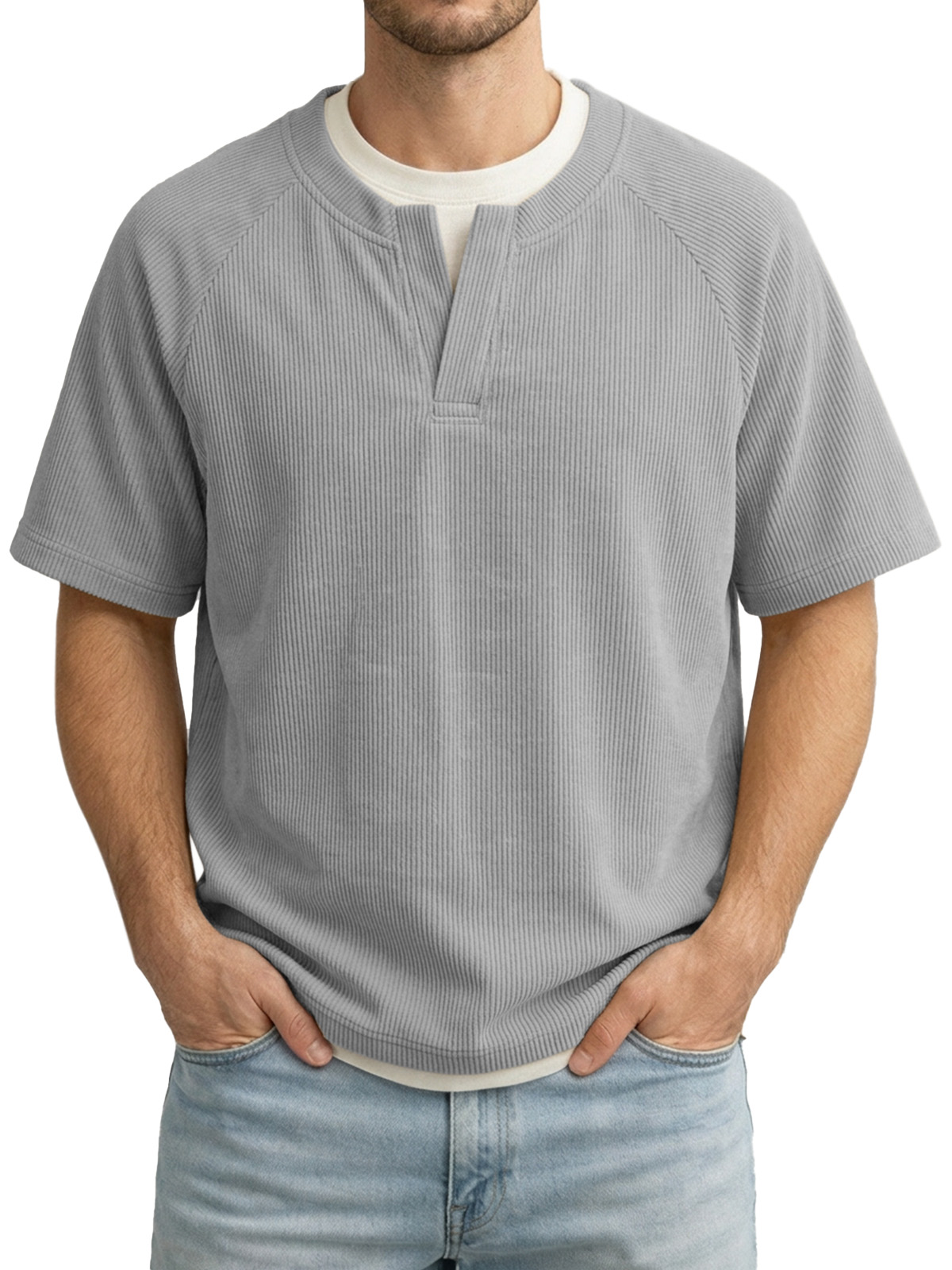 Men's Solid Color Fake Two-piece Vertical Pit V-neck Short-sleeved T-shirt