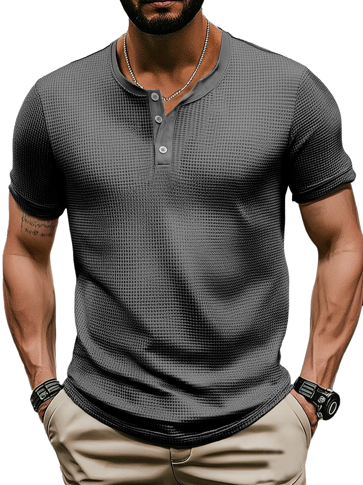 Men's Casual Solid Color Waffle Short Sleeve Three Button Henley Shirt