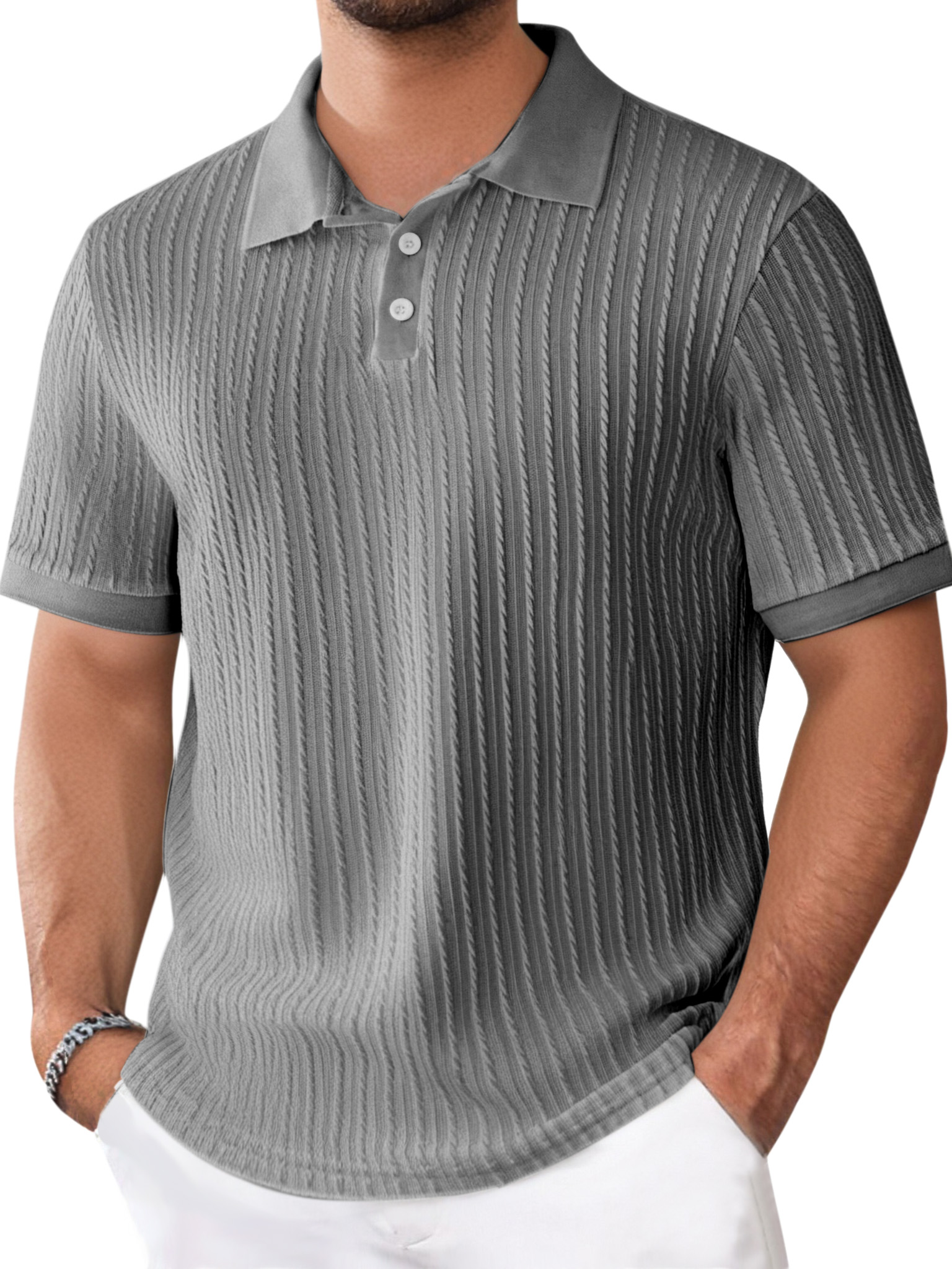 Men's Daily Solid Color Texture Short-sleeved Button-down Polo Shirt