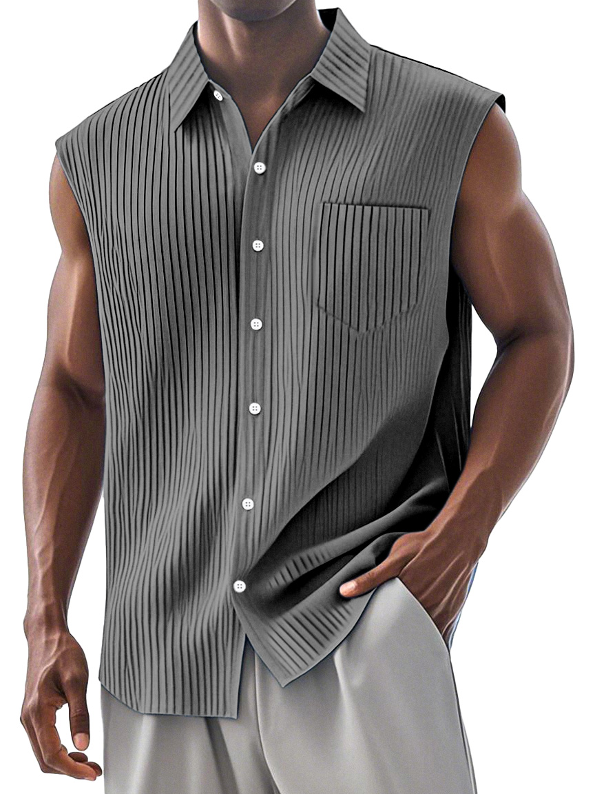 Men's Simple Daily Pit Strip Chest Pocket Lapel Sleeveless Shirt