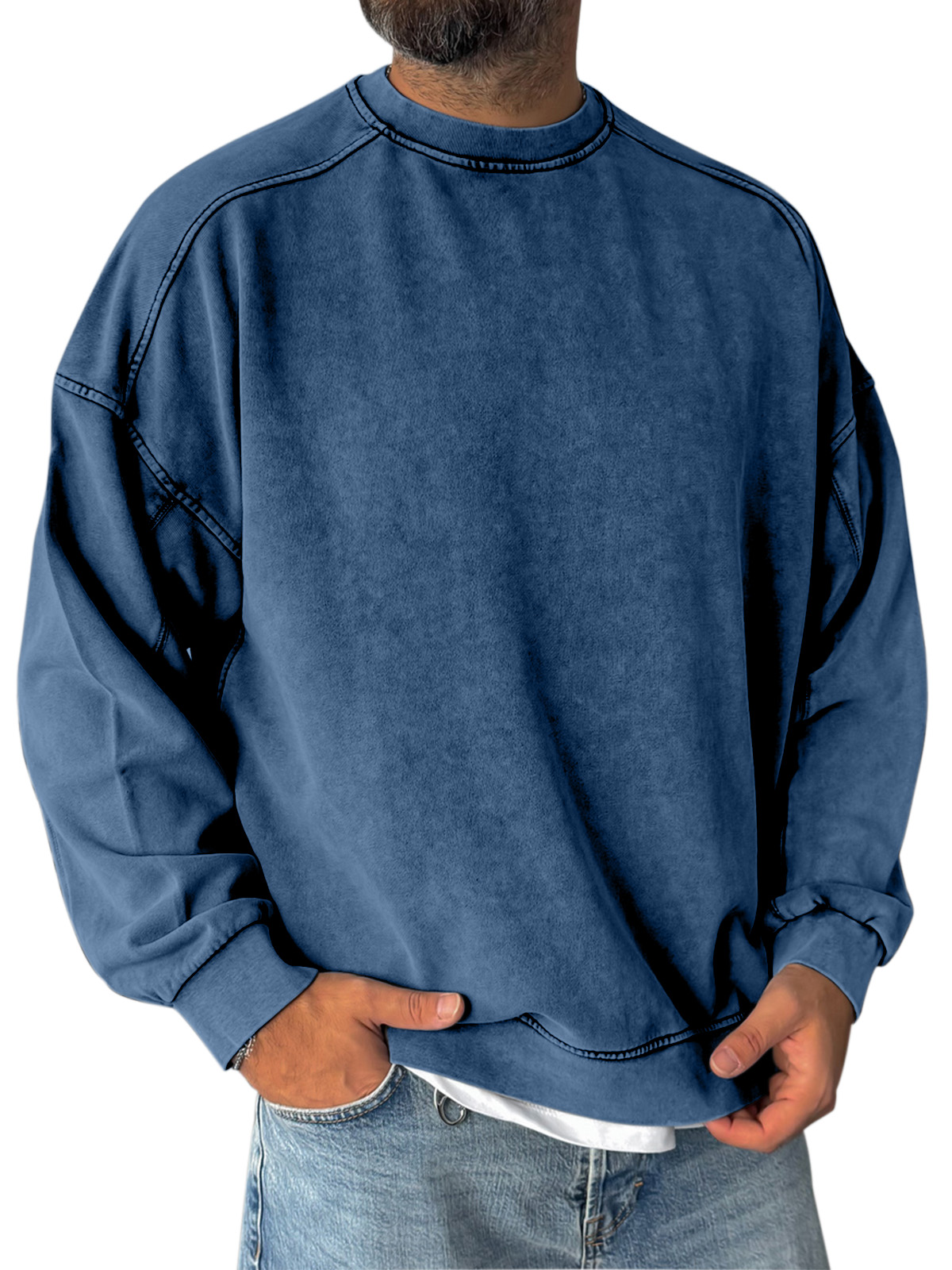 Retro Simple Shoulder Design Stitching Casual Round Neck Sweatshirt