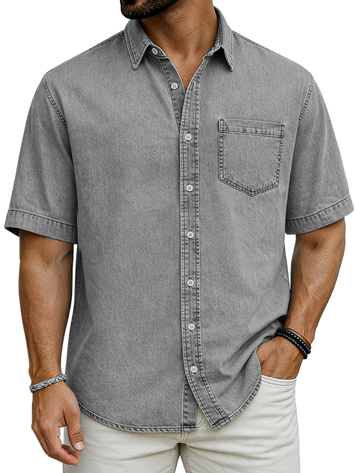 Retro Simple Solid Color Short-Sleeve Shirt with Chest Pocket