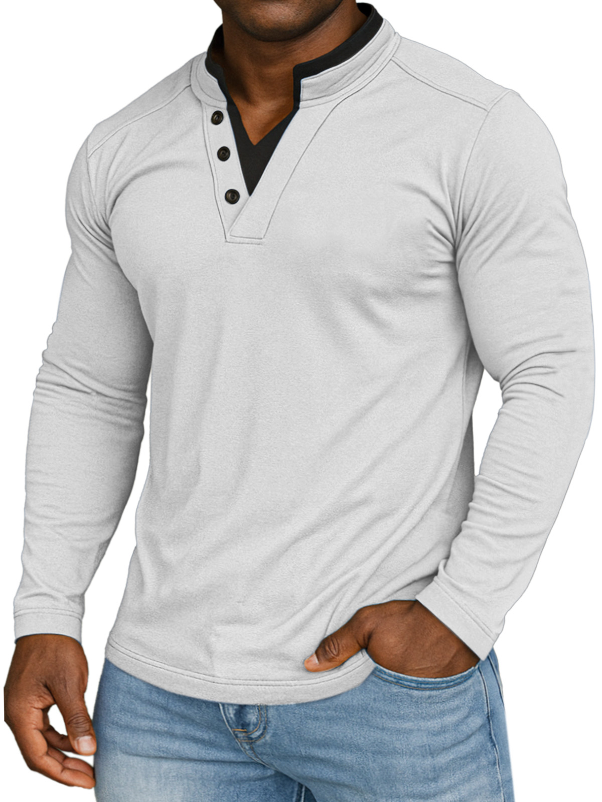 Men's Casual Solid Color Fake Two-piece Collar Comfortable Stand Collar Long Sleeve T-shirt