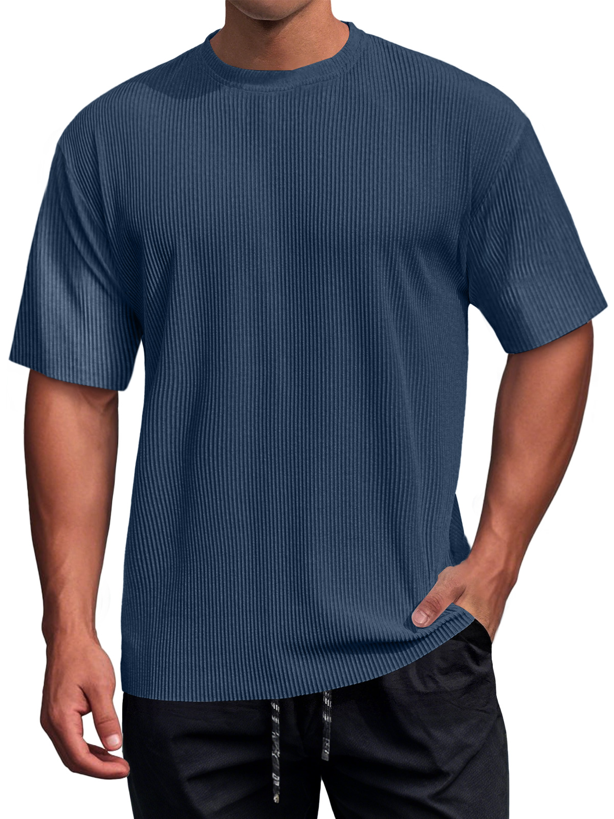Men's Daily Round Neck Ribbed Texture Casual Short-sleeved T-shirt