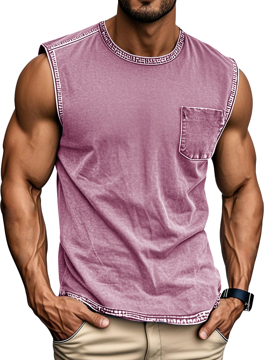 Men's Fashion Retro Distressed Round Neck Pocket Sleeveless T-shirt