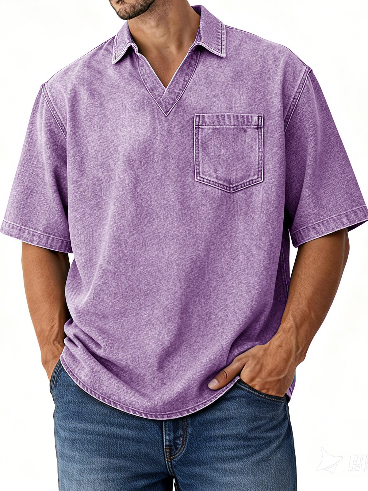 Men's Retro Distressed V-Neck Pocket Short-Sleeve Polo Shirt