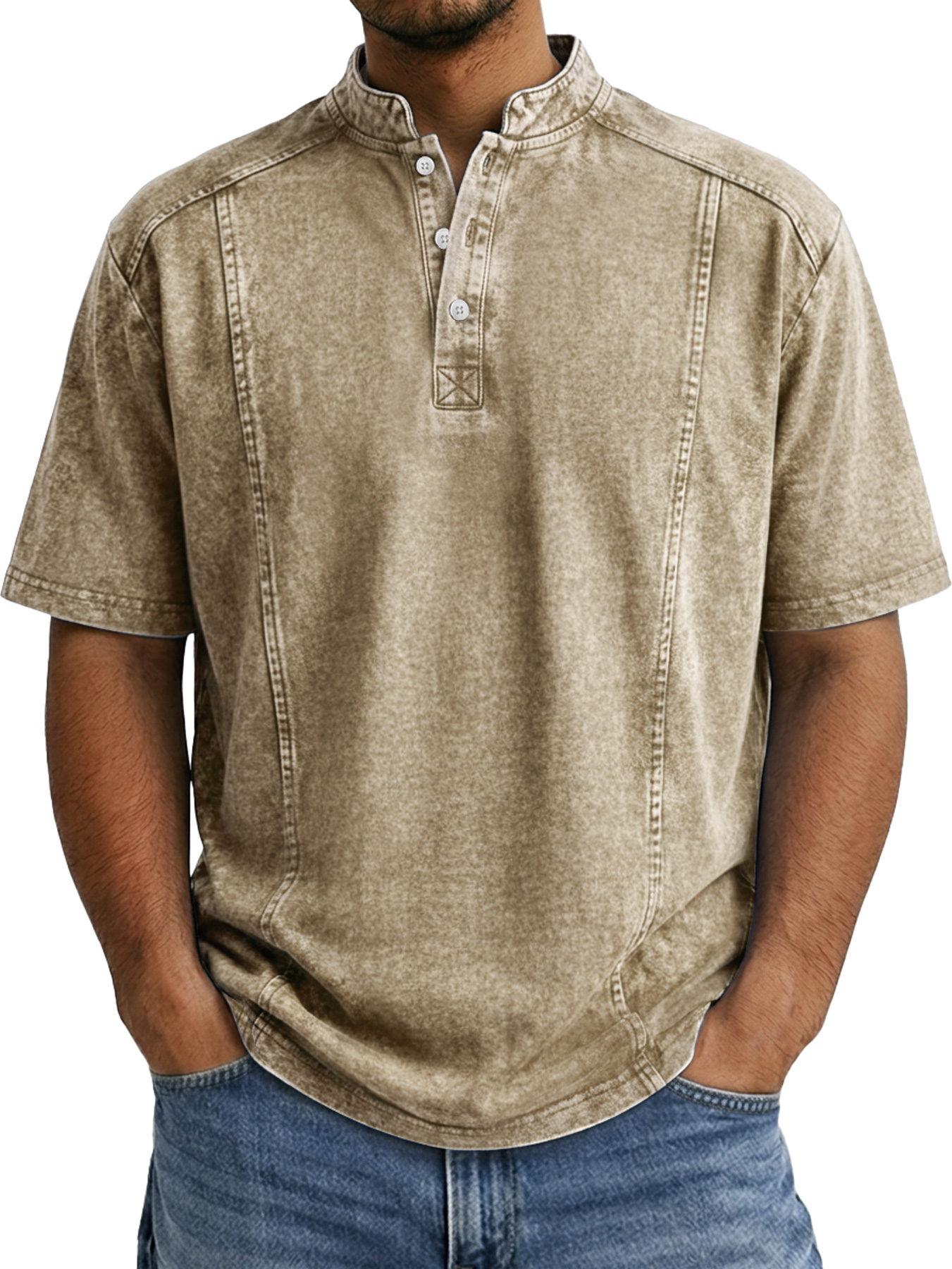 Men's Retro Deconstructed Stand Collar Casual Short Sleeve Henley Shirt