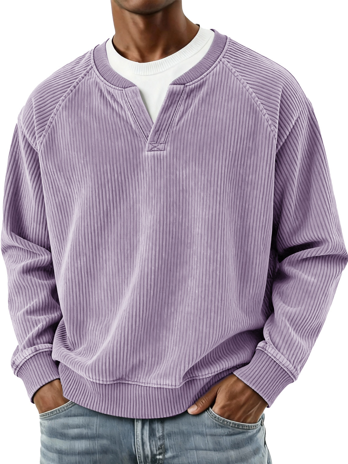 Men's Fashionable Casual Vertical Striped Corduroy Fabric Faux Two-piece Long-sleeved Top