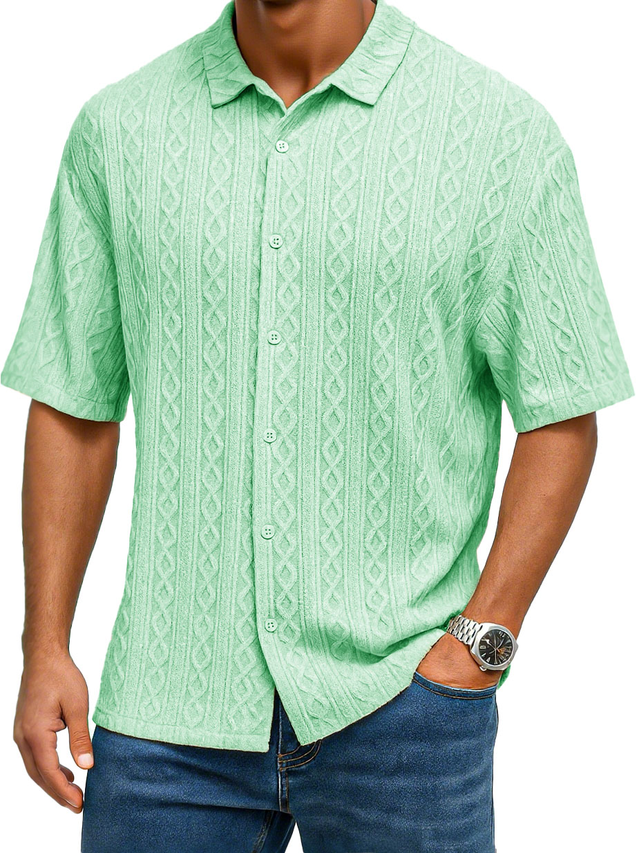 Men's Fashion Casual Jacquard Fabric Lapel Short-sleeved Shirt