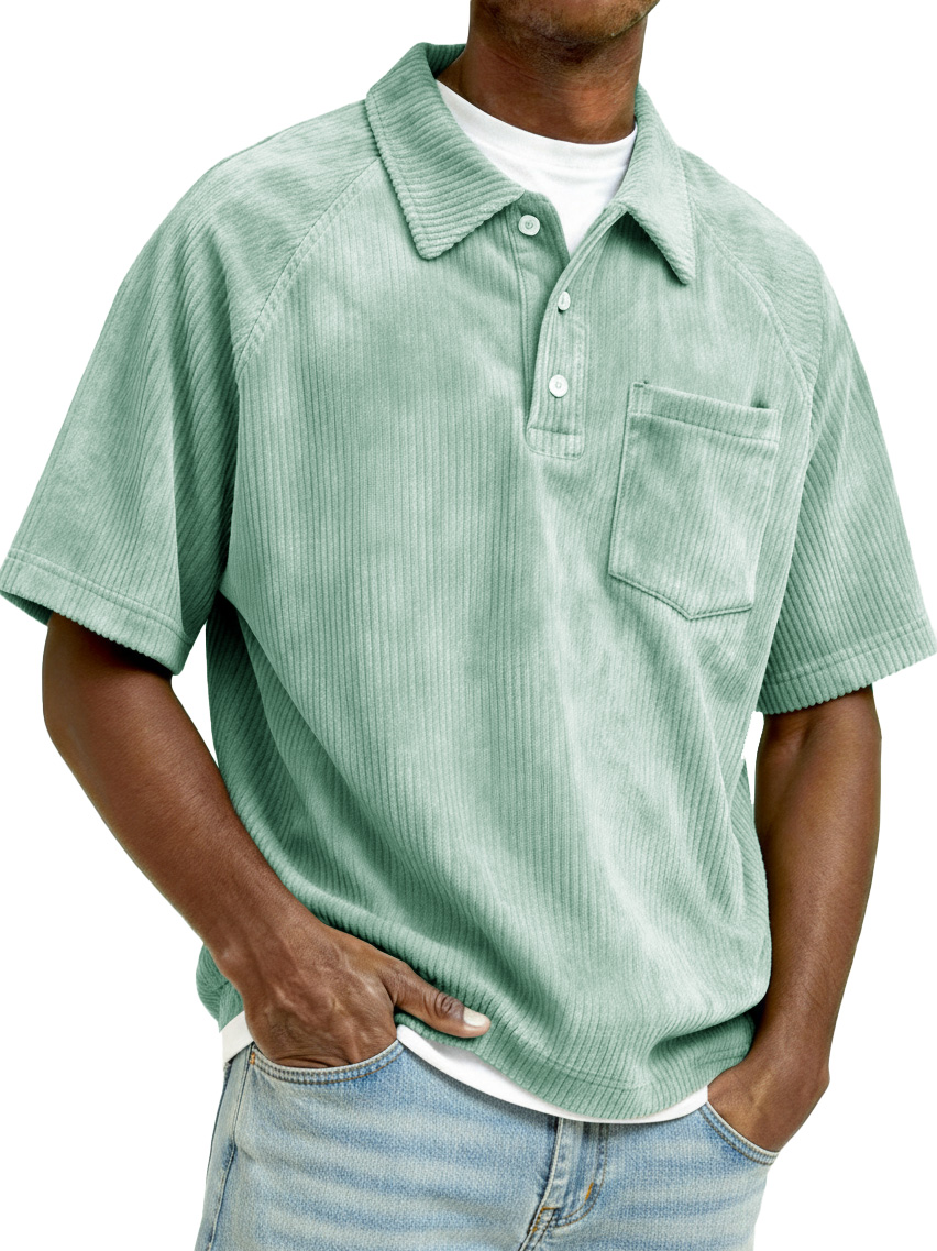 Men's Retro Raglan Corduroy Loose Pocket Short-Sleeve Polo Shirt