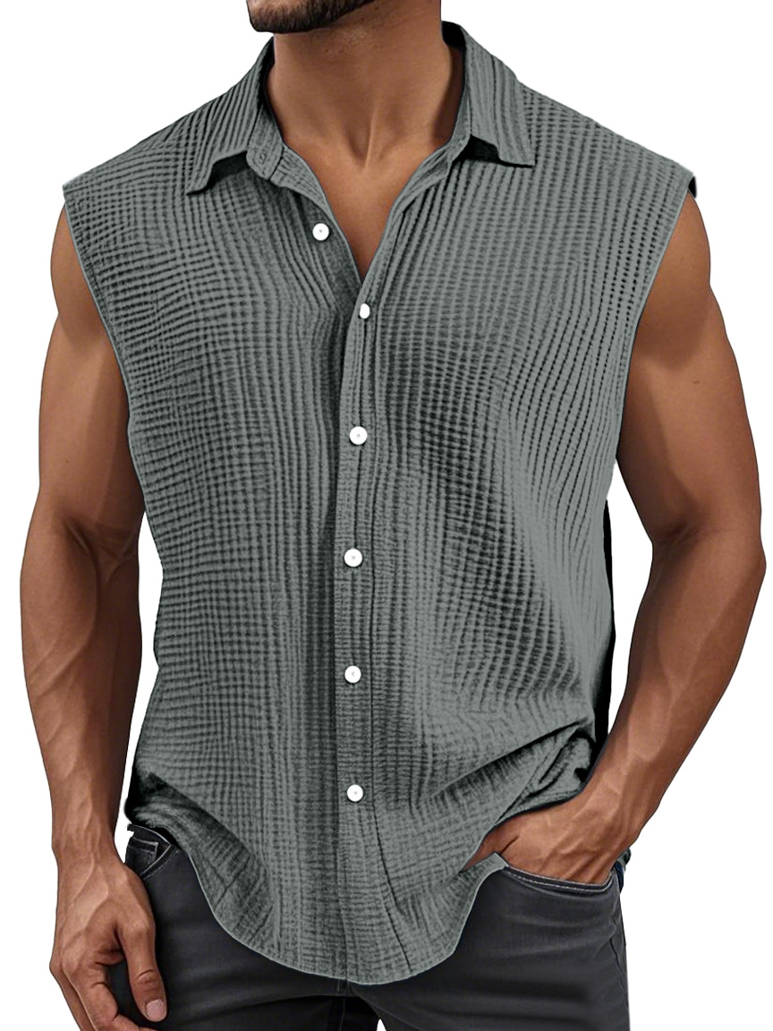 Men's Simple Solid Color Pleated Lapel Sleeveless Shirt
