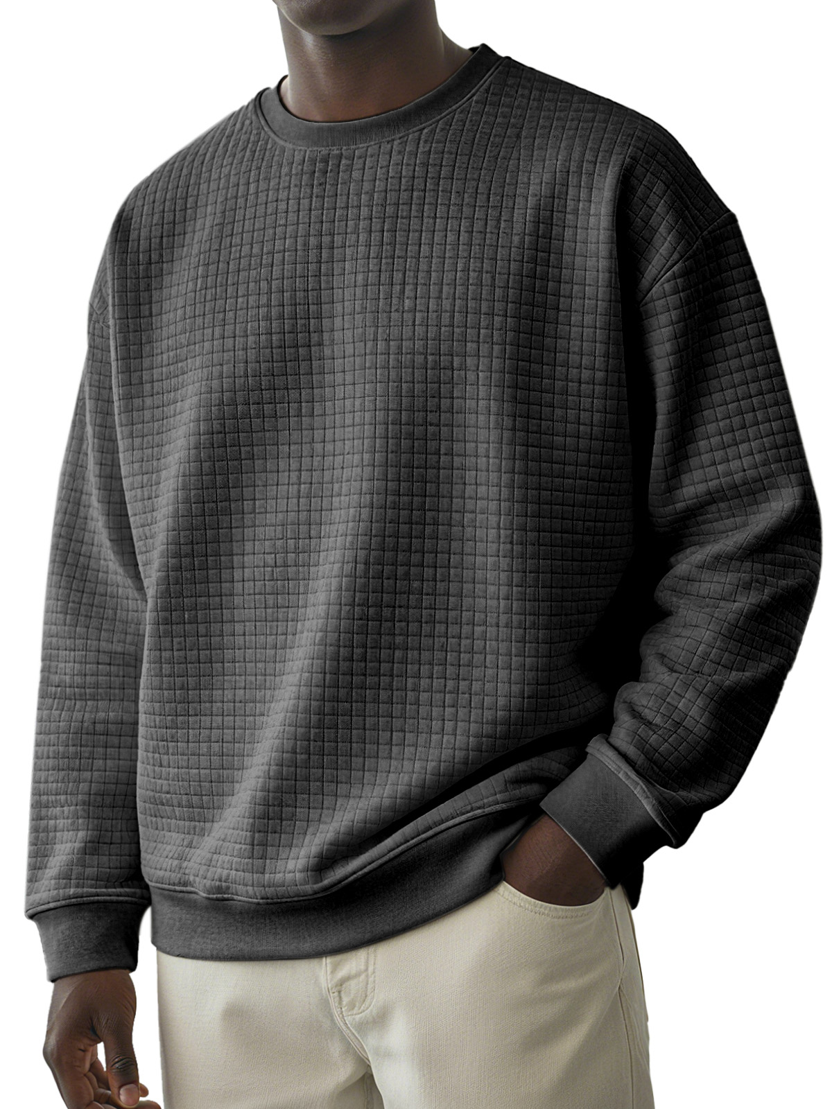 Men's Casual Solid Color Small Square Round Neck Long-sleeved T-shirt