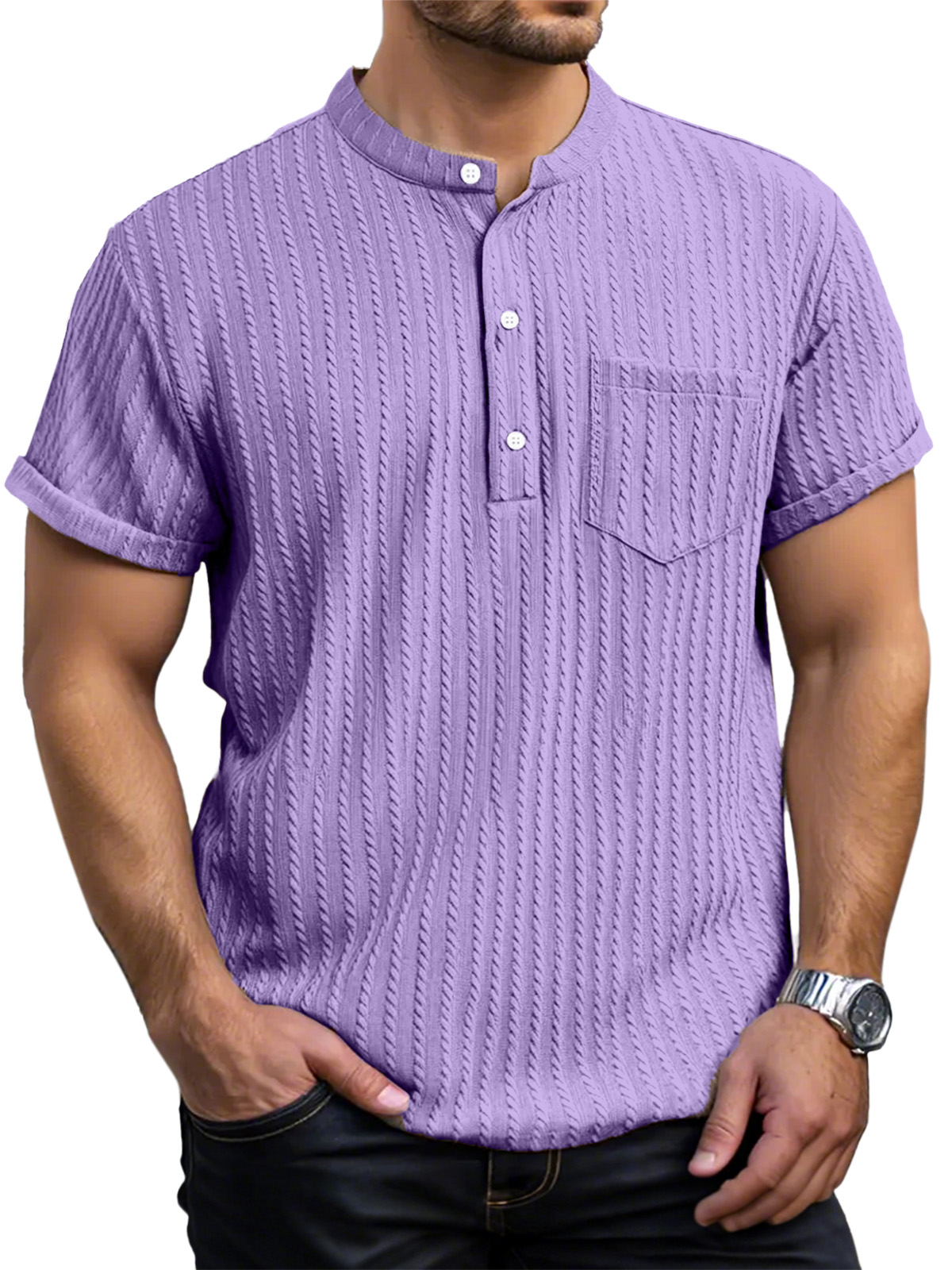 Men's Everyday Casual Short Sleeve Textured Button Henley Shirt