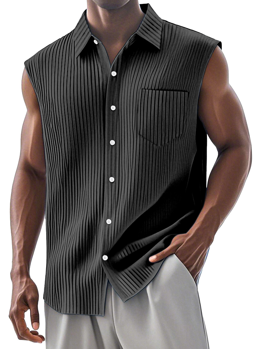 Men's Simple Daily Pit Strip Chest Pocket Lapel Sleeveless Shirt