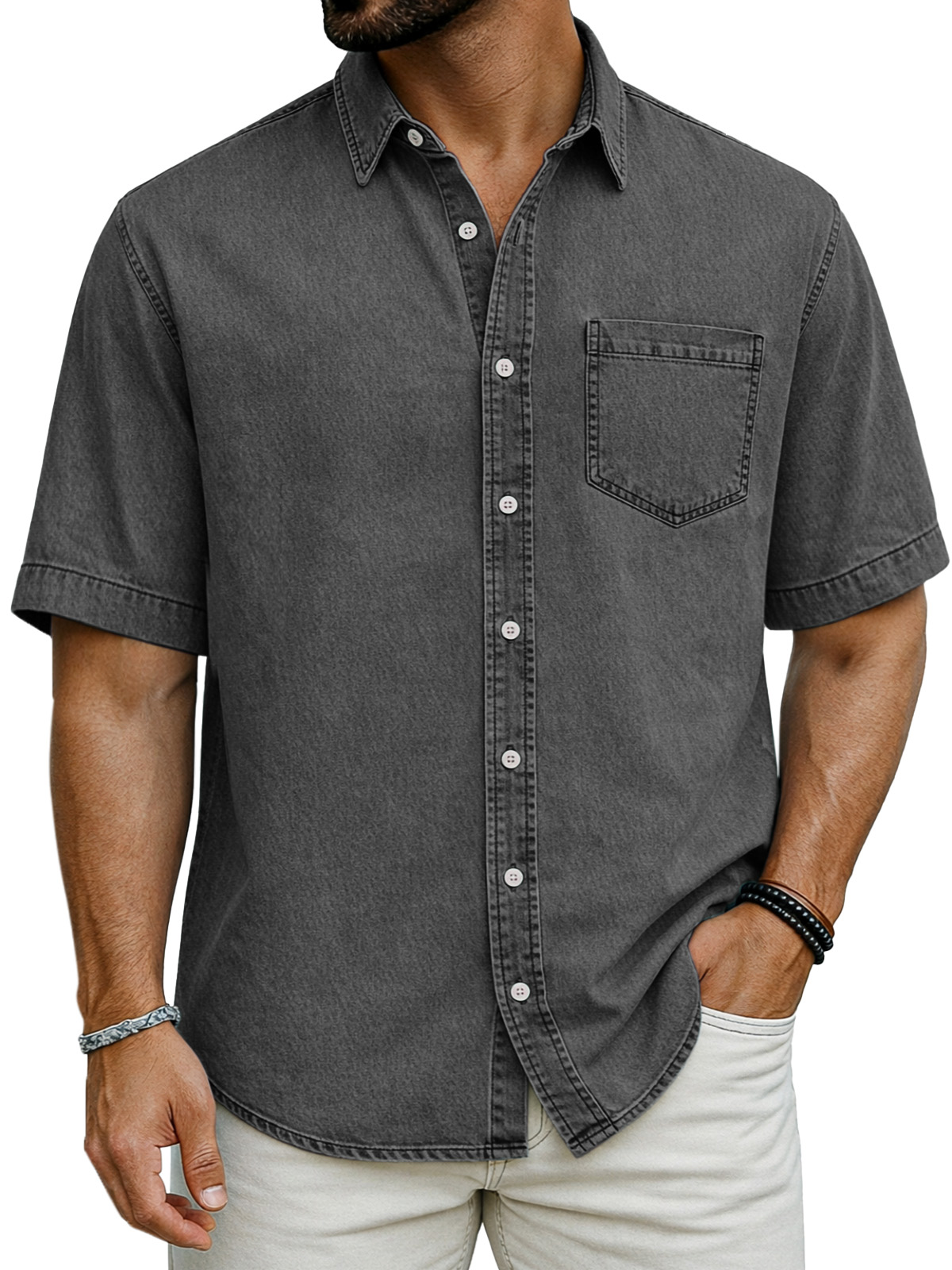 Retro Simple Solid Color Short-Sleeve Shirt with Chest Pocket