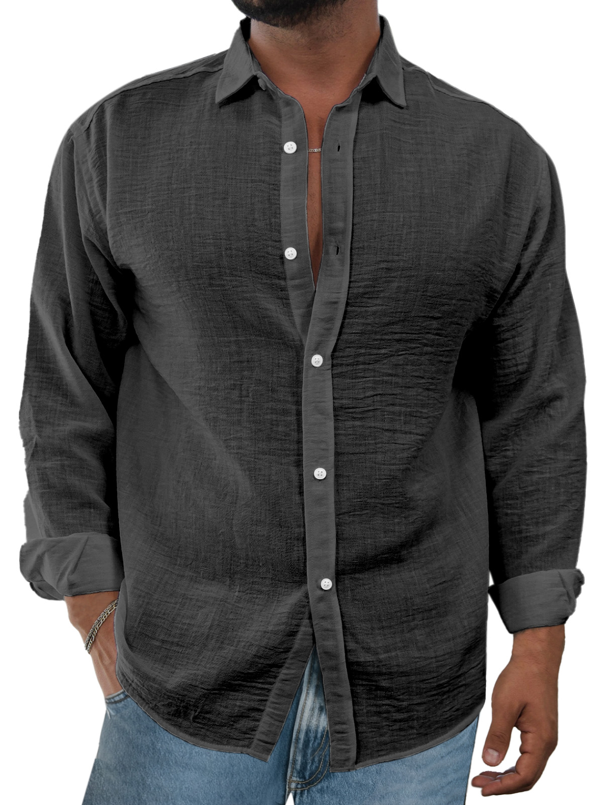 Men's Simple And Comfortable Solid Color Imitation Linen Lapel Long-sleeved Shirt