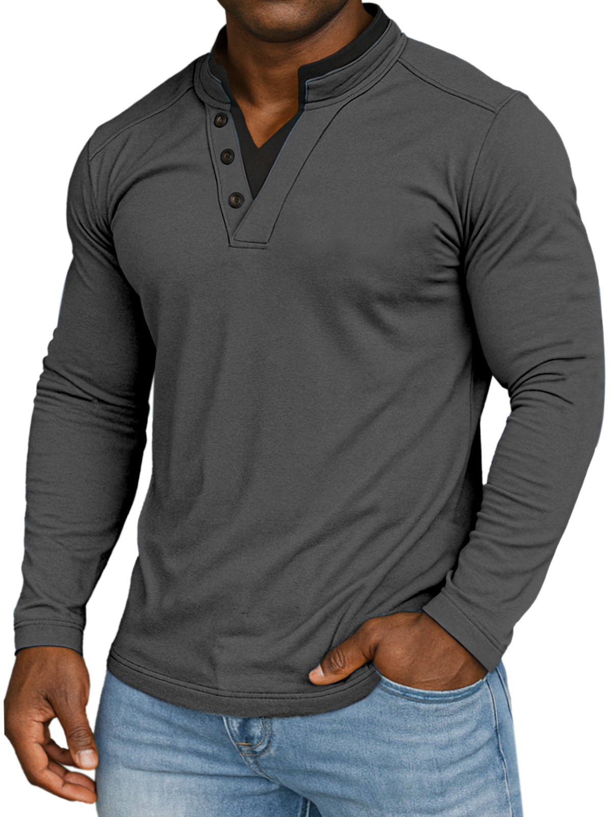 Men's Casual Solid Color Fake Two-piece Collar Comfortable Stand Collar Long Sleeve T-shirt